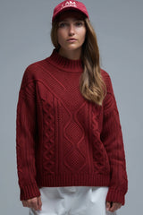 Chunky Cable Knit Maroon Pullover with Dropped Shoulder