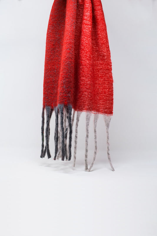 Chunky knit scarf in red color block with fringes - Scarves