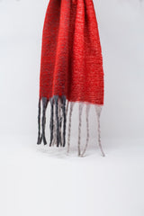 Chunky knit scarf in red color block with fringes