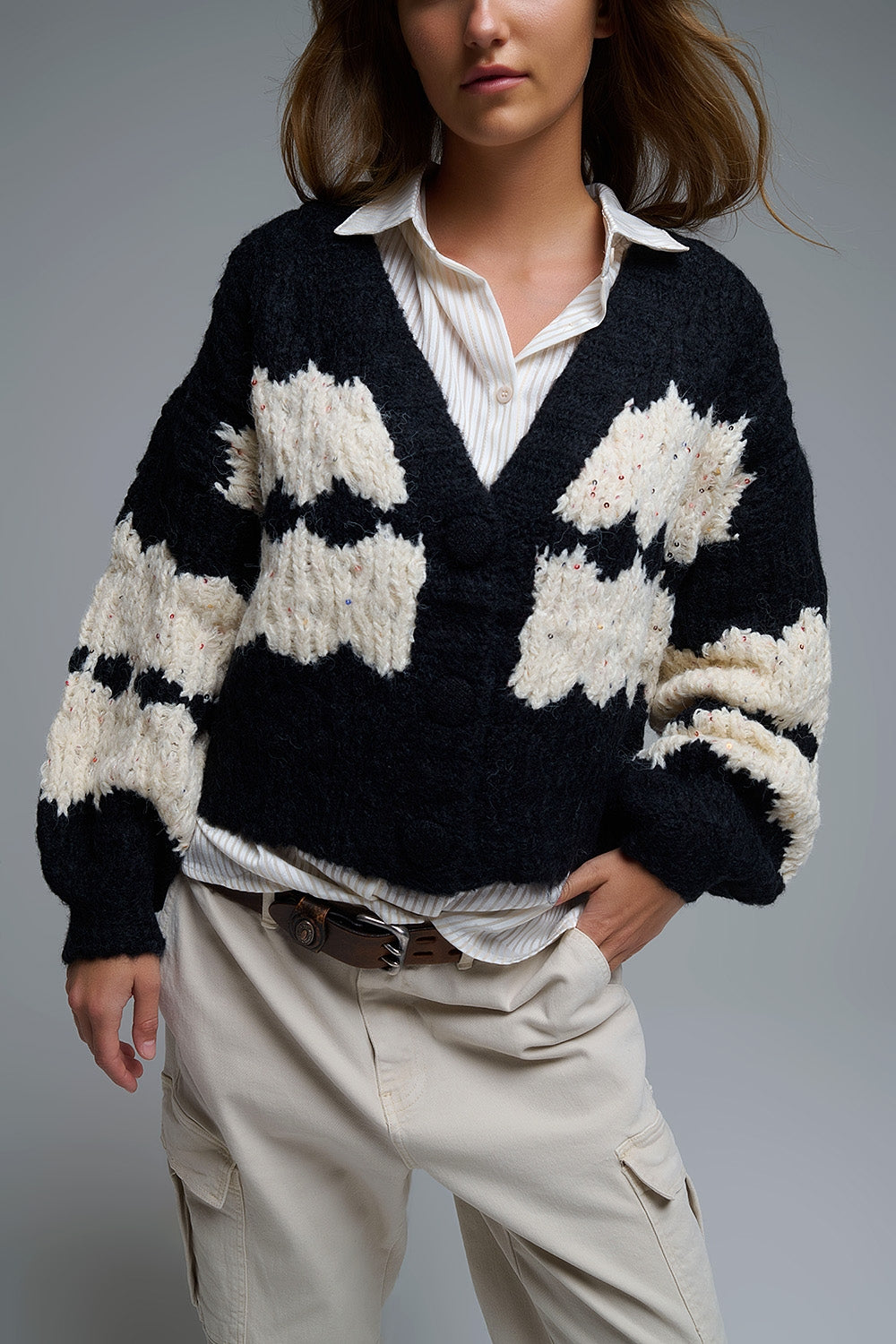 Chunky Knit Striped Cardigan With Sequin Details in Black - Coats and Jackets