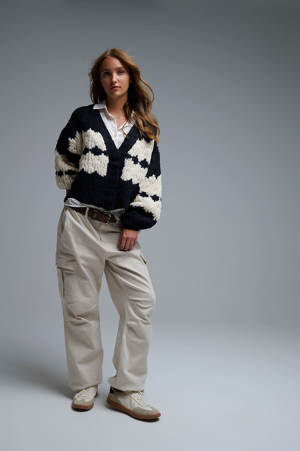 Chunky Knit Striped Cardigan With Sequin Details in Black - Coats and Jackets