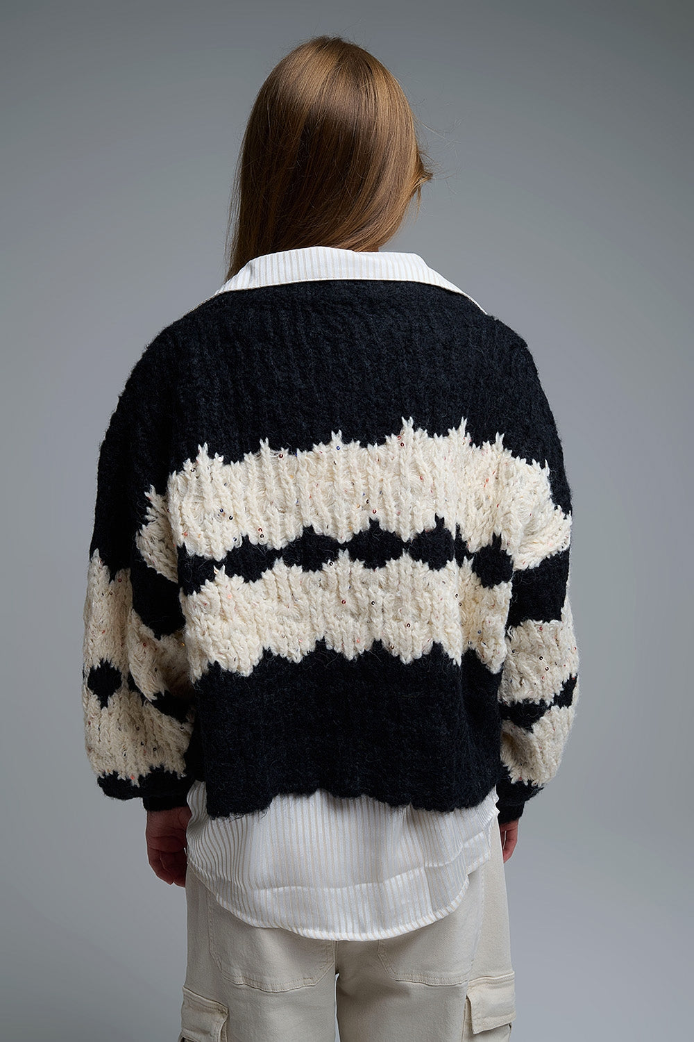 Chunky Knit Striped Cardigan With Sequin Details in Black - Coats and Jackets