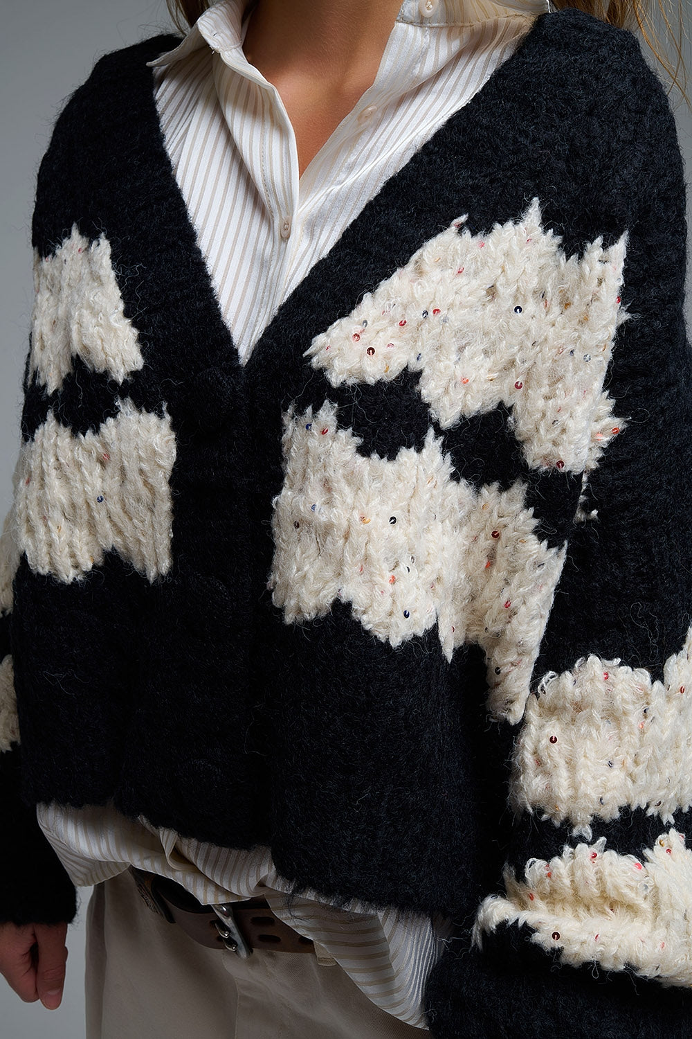 Chunky Knit Striped Cardigan With Sequin Details in Black - Coats and Jackets