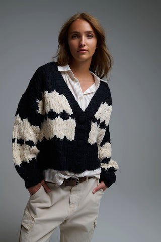 Chunky Knit Striped Cardigan With Sequin Details in Black