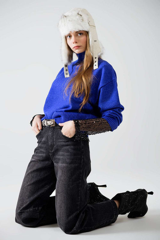 chunky knit sweater in blue with turtleneck - Jumpers