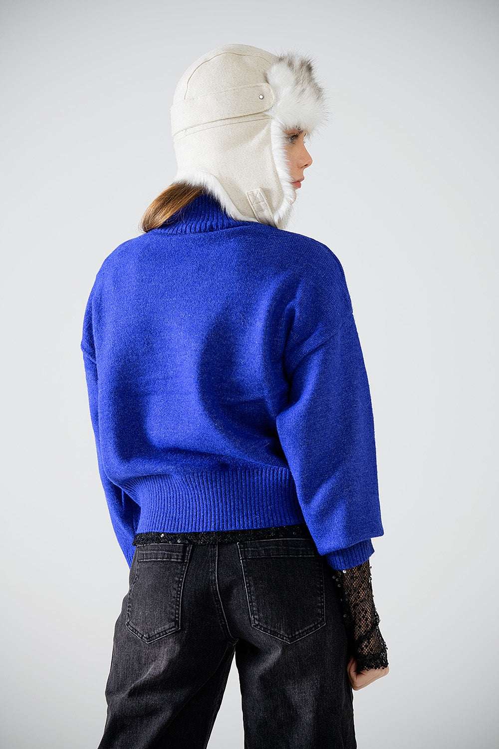 chunky knit sweater in blue with turtleneck - Jumpers