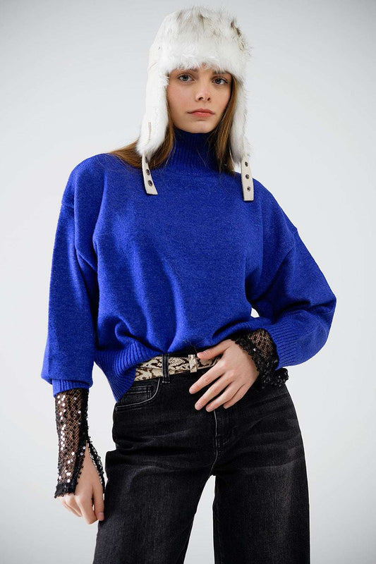 chunky knit sweater in blue with turtleneck - Jumpers