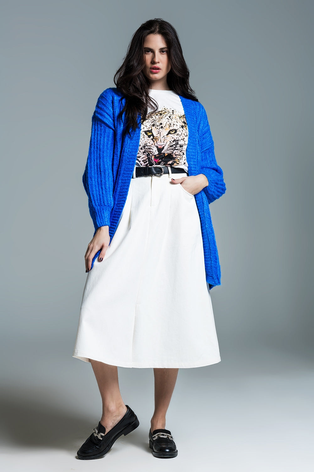 Chunky Rib Cardigan With 3/4 Sleeve in Royal Blue - Cardigans