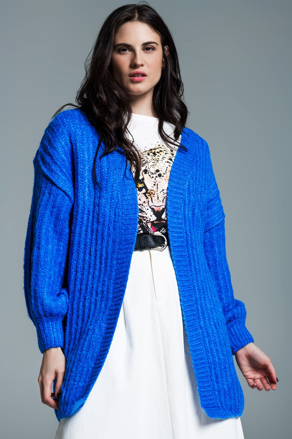 Chunky Rib Cardigan With 3/4 Sleeve in Royal Blue - Cardigans