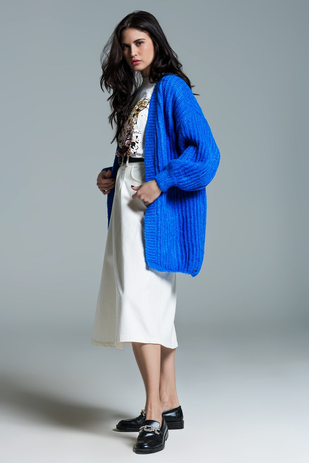 Chunky Rib Cardigan With 3/4 Sleeve in Royal Blue - Cardigans