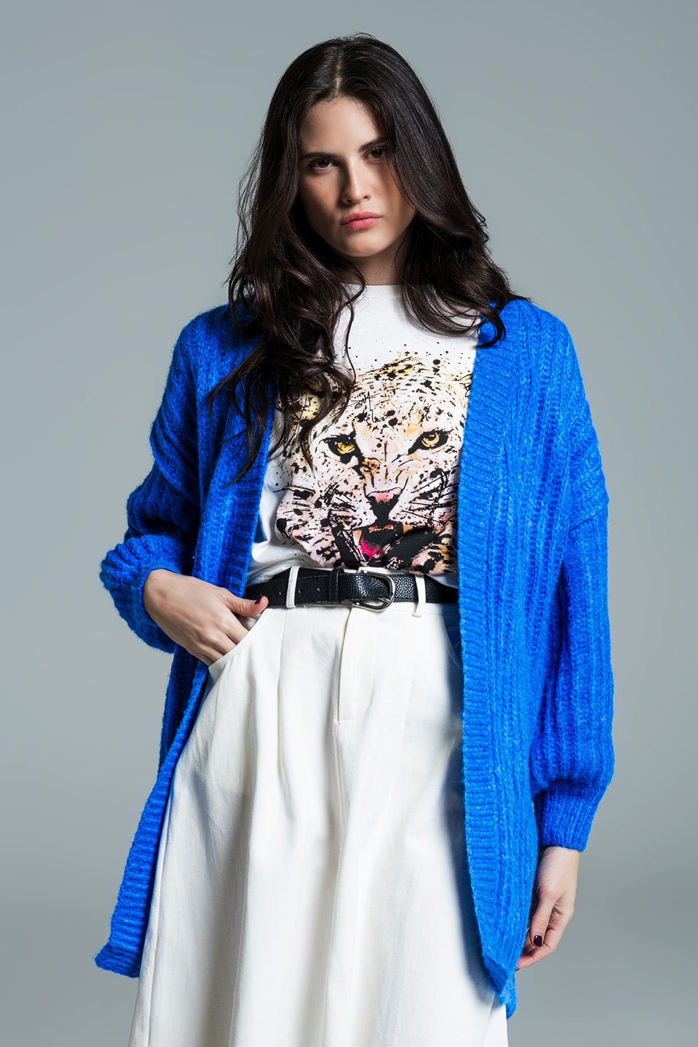 Chunky Rib Cardigan With 3/4 Sleeve in Royal Blue - Cardigans