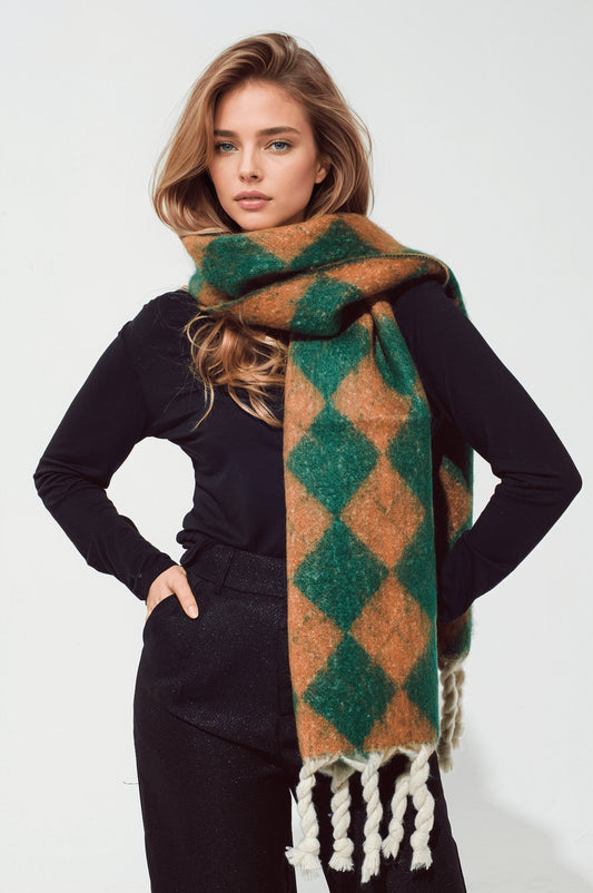 Chunky Scarf In Argyle Pattern in Green - Scarves