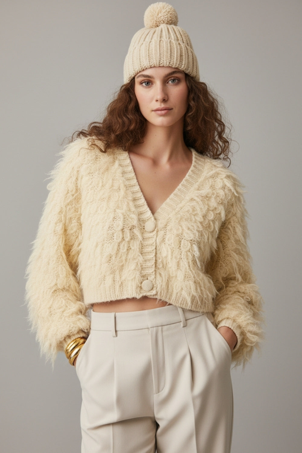 Chunky Shag Style Fluffy Knitted Cardigan in cream - Coats and Jackets