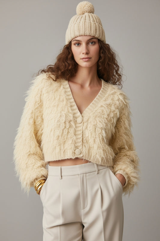 Chunky Shag Style Fluffy Knitted Cardigan in cream - Coats and Jackets