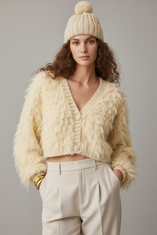 Chunky Shag Style Fluffy Knitted Cardigan in cream