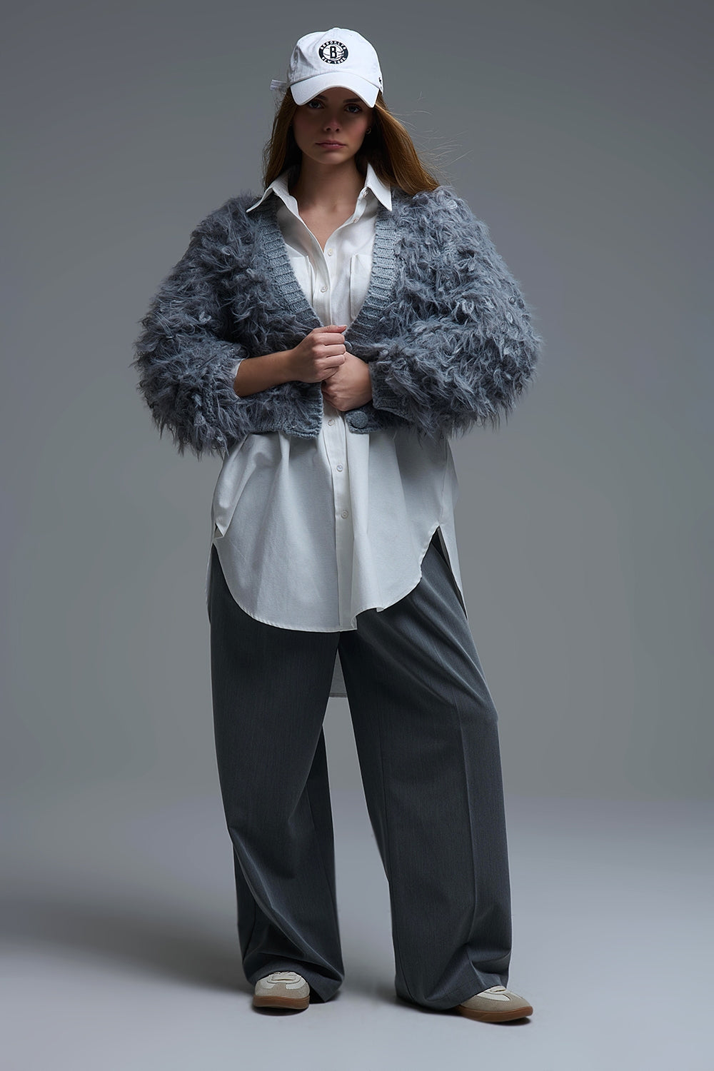 Chunky Shag Style Fluffy Knitted Cardigan in Grey - Coats and Jackets