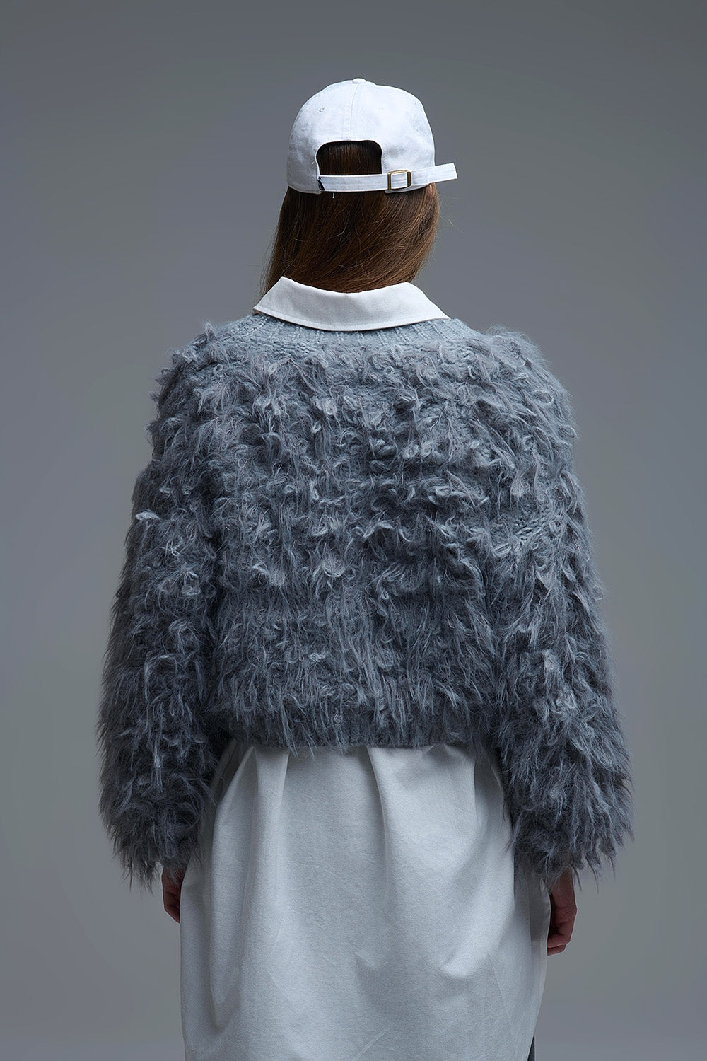 Chunky Shag Style Fluffy Knitted Cardigan in Grey - Coats and Jackets