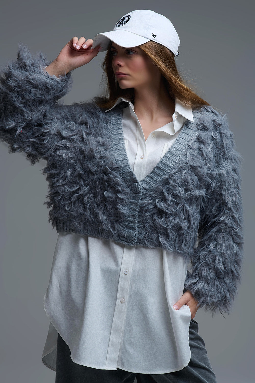 Chunky Shag Style Fluffy Knitted Cardigan in Grey - Coats and Jackets