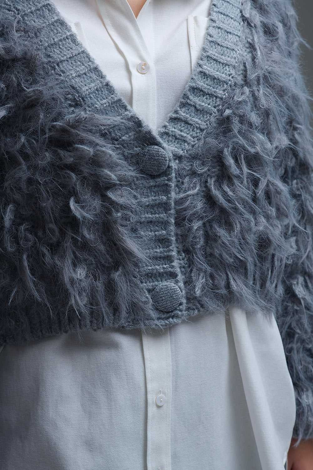 Chunky Shag Style Fluffy Knitted Cardigan in Grey - Coats and Jackets