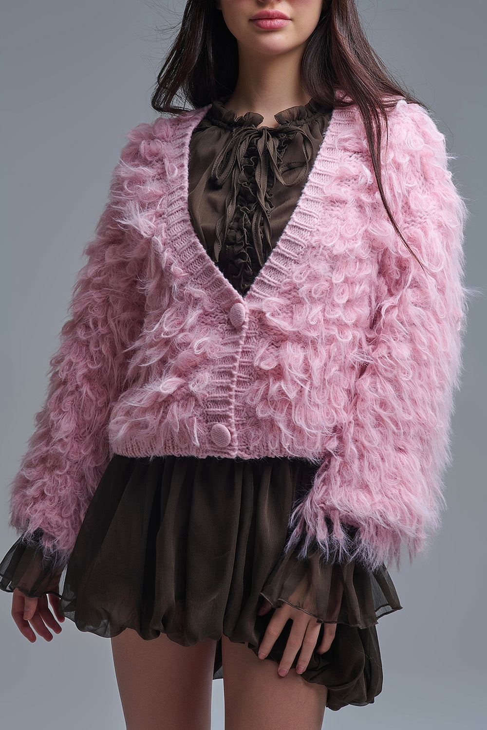 Chunky Shag Style Fluffy Knitted Cardigan in Pink - Sweaters