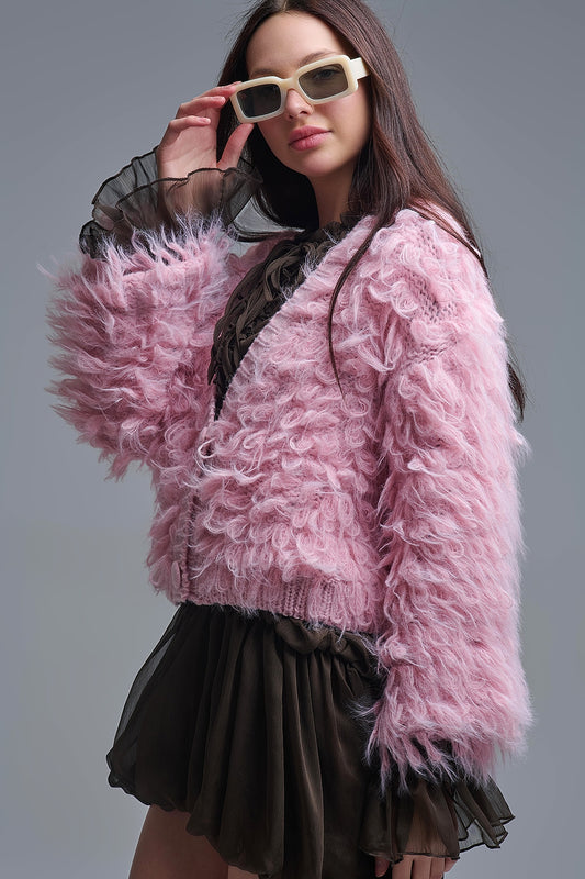 Chunky Shag Style Fluffy Knitted Cardigan in Pink - Sweaters