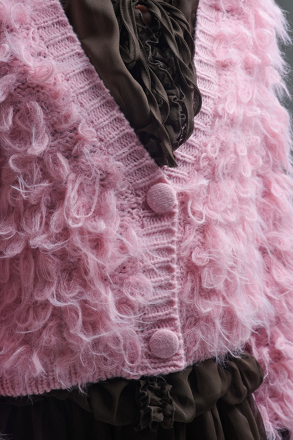 Chunky Shag Style Fluffy Knitted Cardigan in Pink - Sweaters