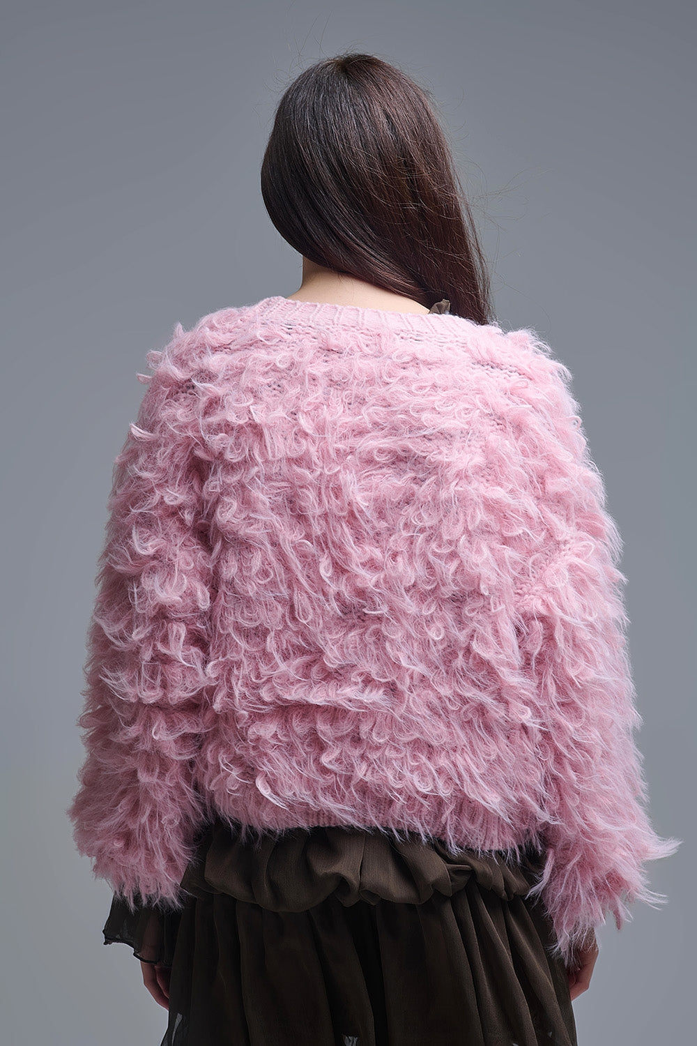 Chunky Shag Style Fluffy Knitted Cardigan in Pink - Sweaters