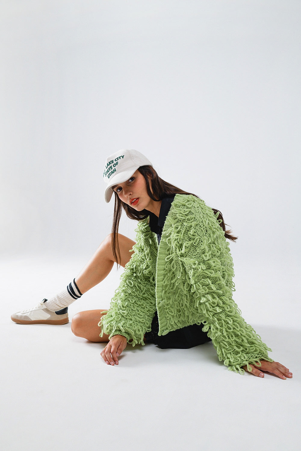 Chunky Textured Cardigan in Green with Long Fringe - Cardigans