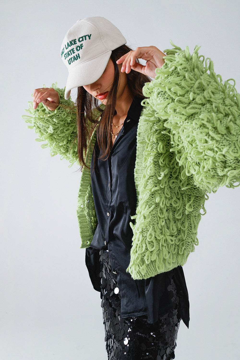 Chunky Textured Cardigan in Green with Long Fringe - Cardigans