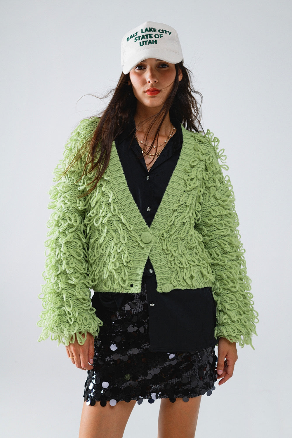 Chunky Textured Cardigan in Green with Long Fringe - Cardigans