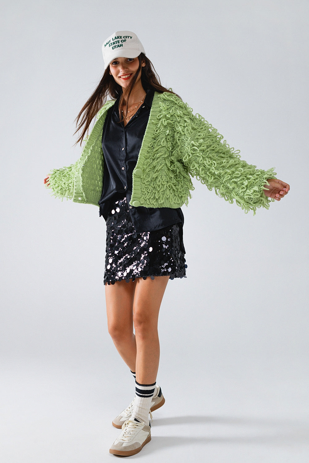 Chunky Textured Cardigan in Green with Long Fringe - Cardigans