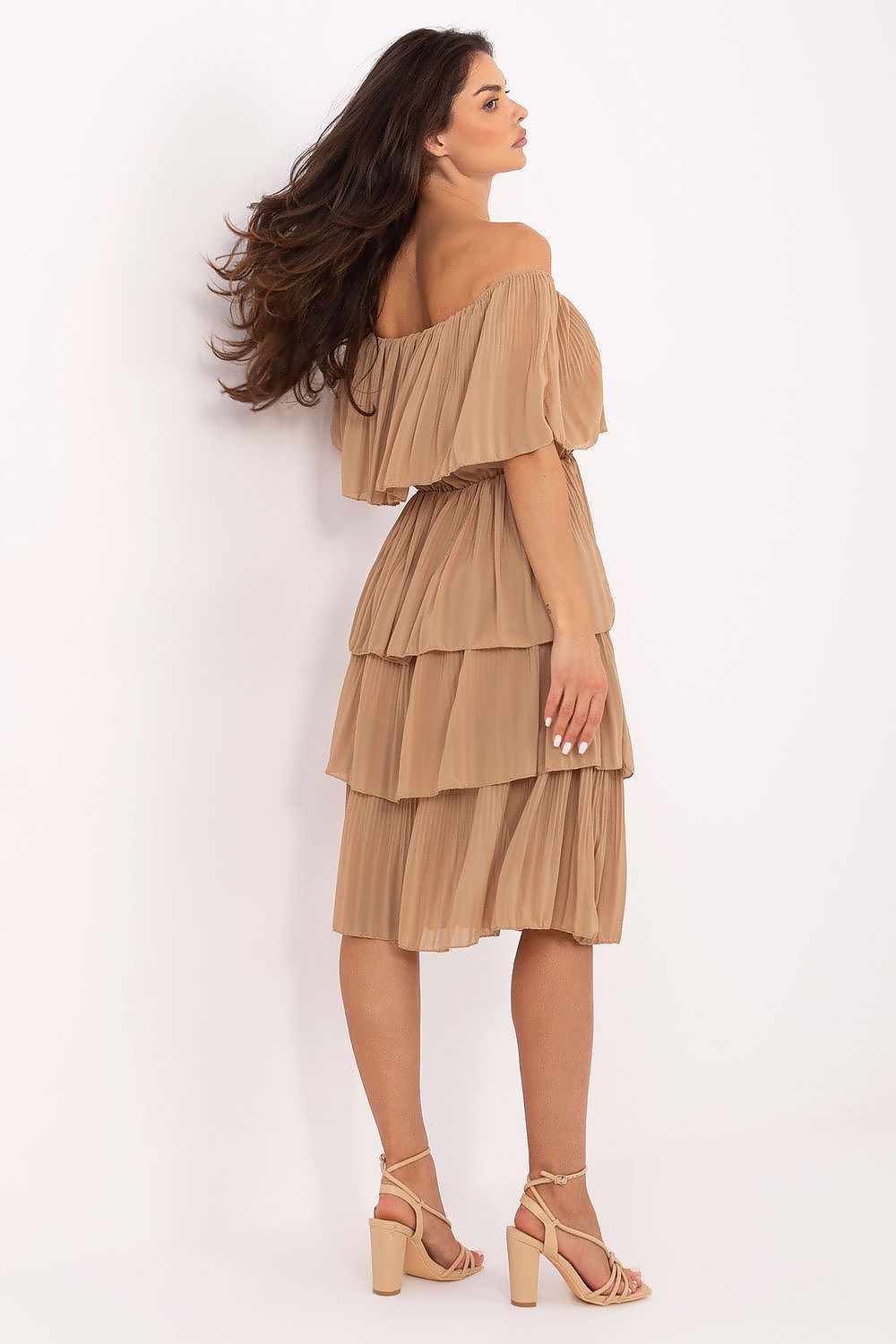 Och Bella Off-Shoulder Pleated Cocktail Dress in Beige with Tiered Design and Flowing Fabric
