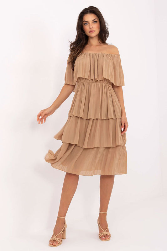 Och Bella Off-Shoulder Tiered Cocktail Dress in Beige with Flowy Fabric for Elegant Occasions