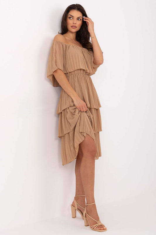 Och Bella Off-Shoulder Tiered Cocktail Dress in Beige with a Flowy Design for Elegant Occasions