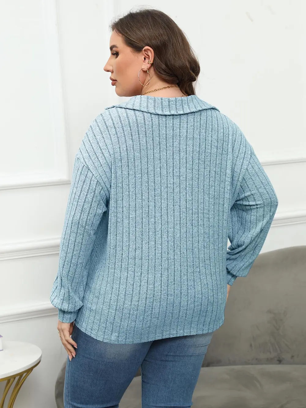 Plus Size Ribbed Collared Neck Long Sleeve Blouse - Blouses