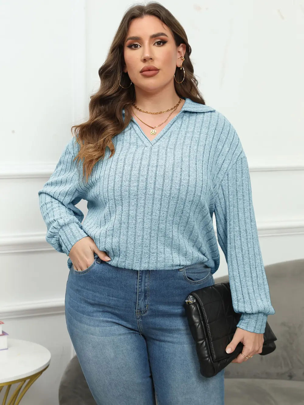 Plus Size Ribbed Collared Neck Long Sleeve Blouse - Blouses