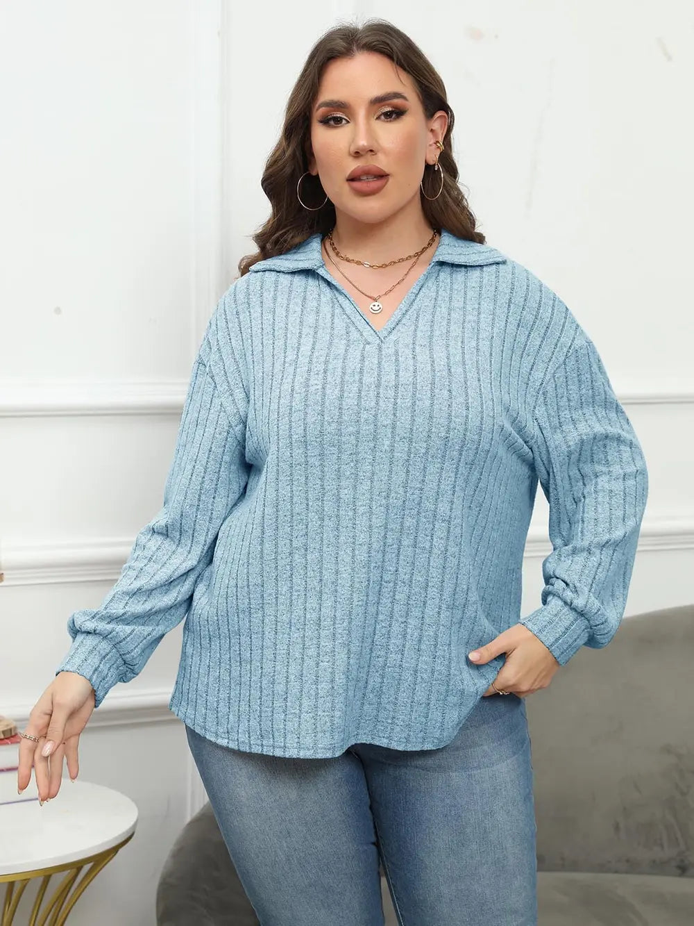 Plus Size Ribbed Collared Neck Long Sleeve Blouse - Blouses