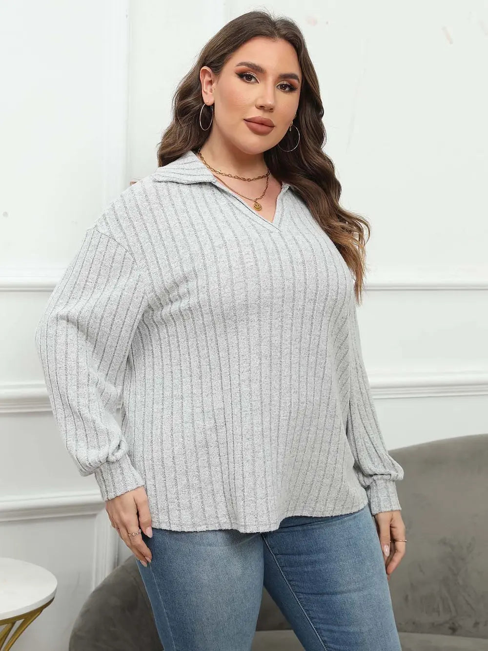 Plus Size Ribbed Collared Neck Long Sleeve Blouse - Blouses