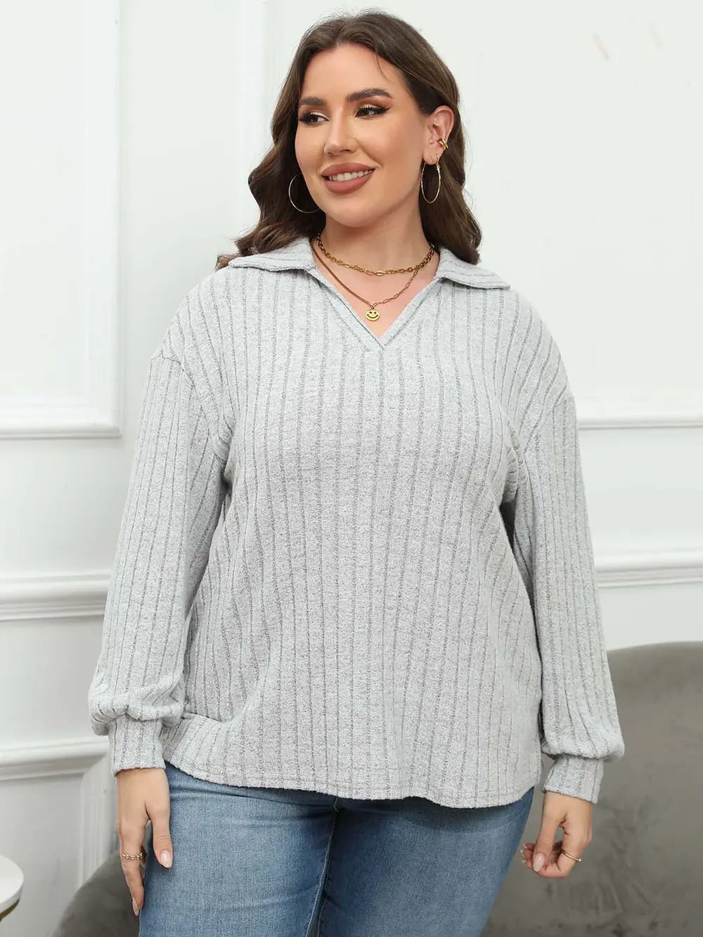 Plus Size Ribbed Collared Neck Long Sleeve Blouse - Blouses