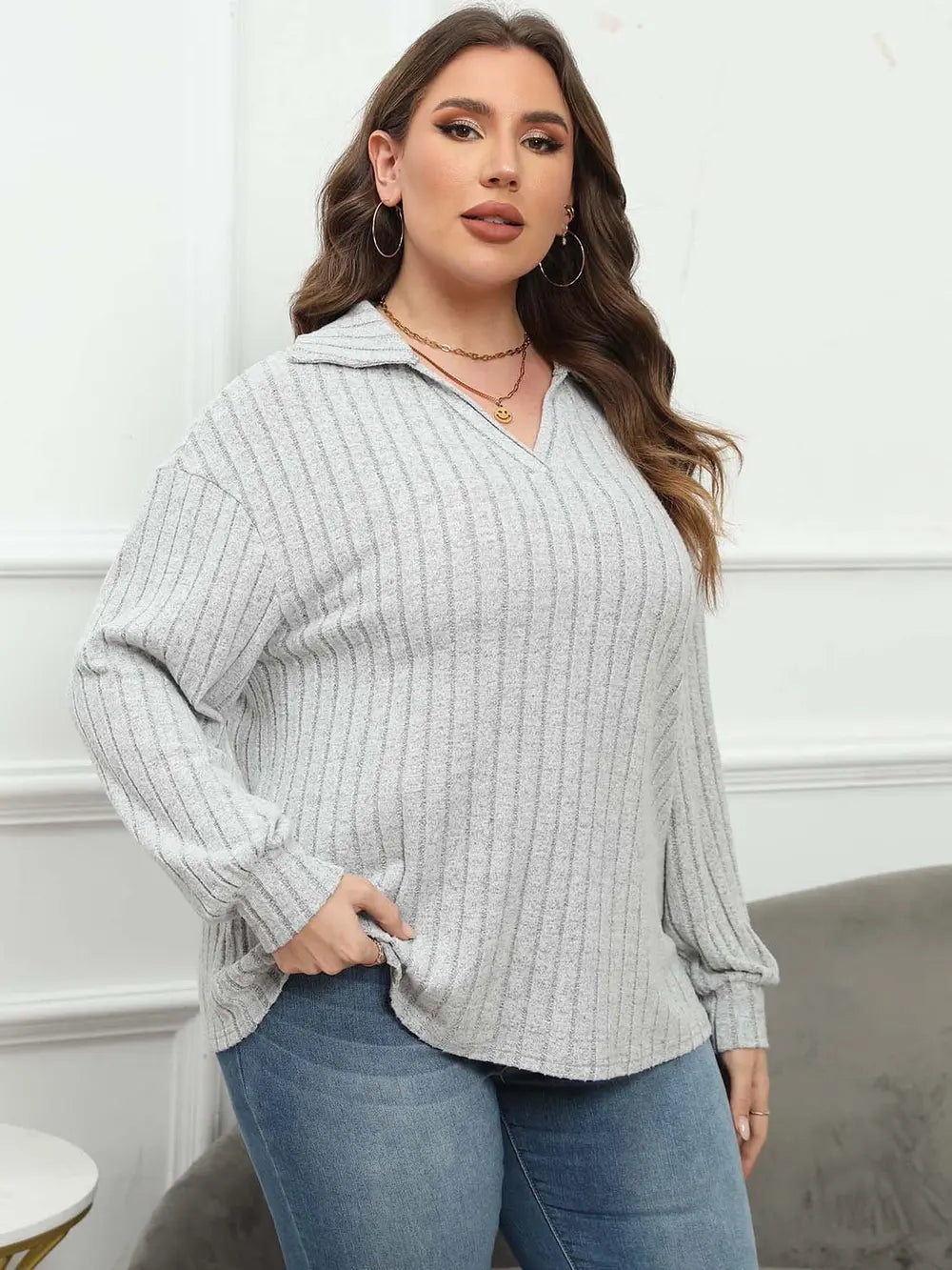 Plus Size Ribbed Collared Neck Long Sleeve Blouse Cloudy Blue - Blouses