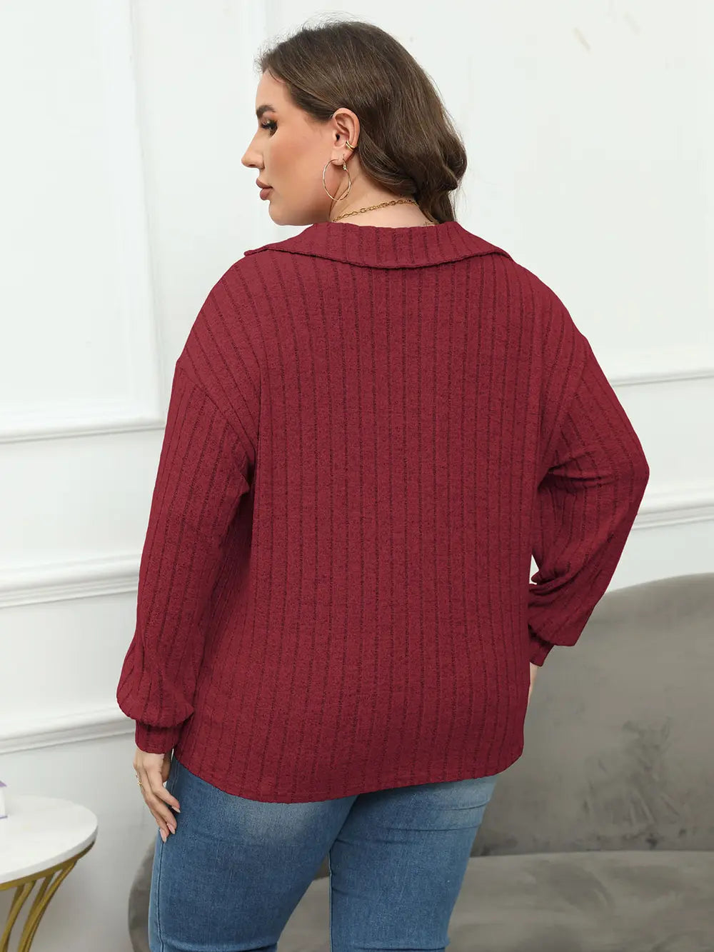 Plus Size Ribbed Collared Neck Long Sleeve Blouse - Blouses