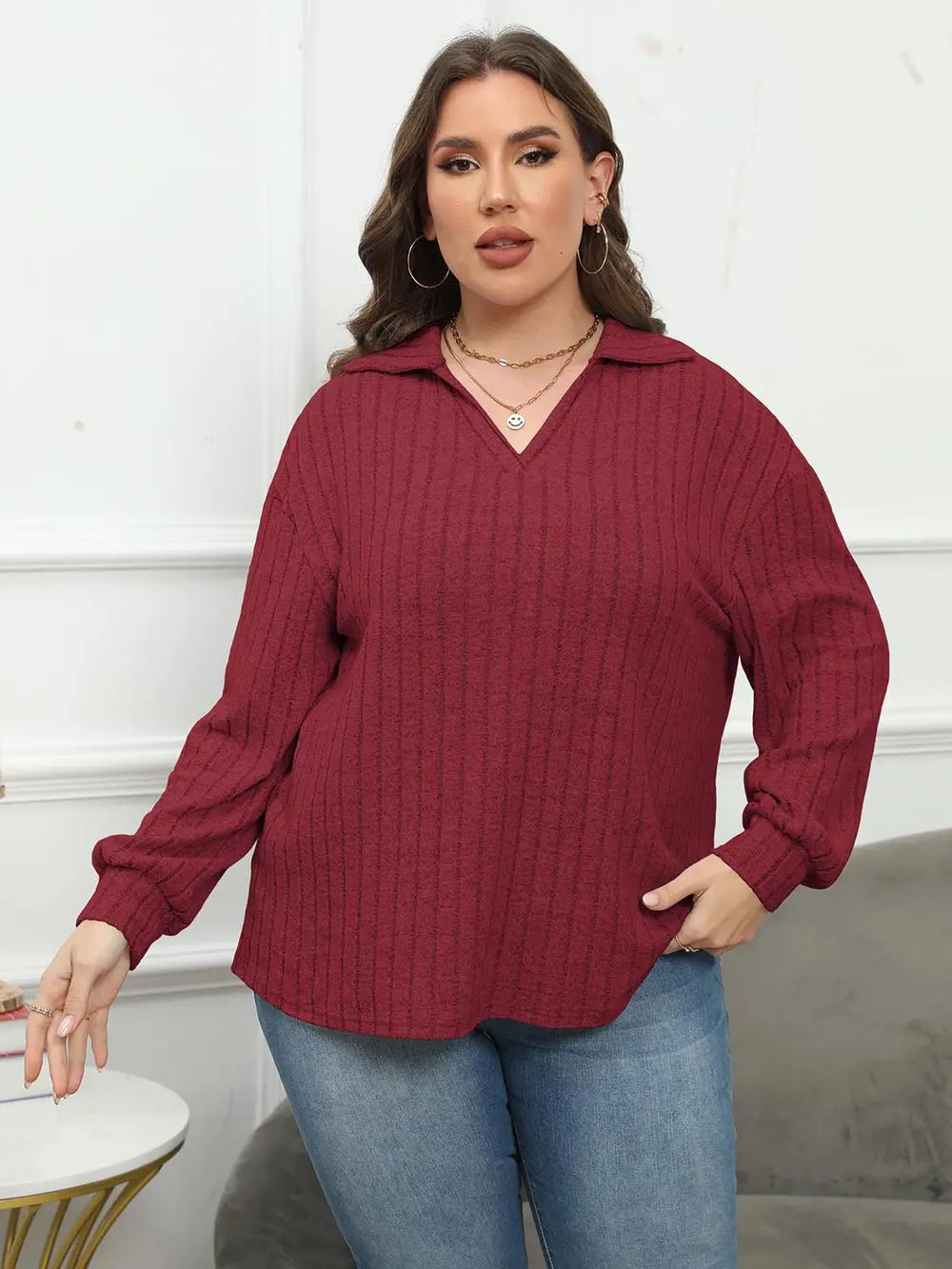 Plus Size Ribbed Collared Neck Long Sleeve Blouse - Blouses