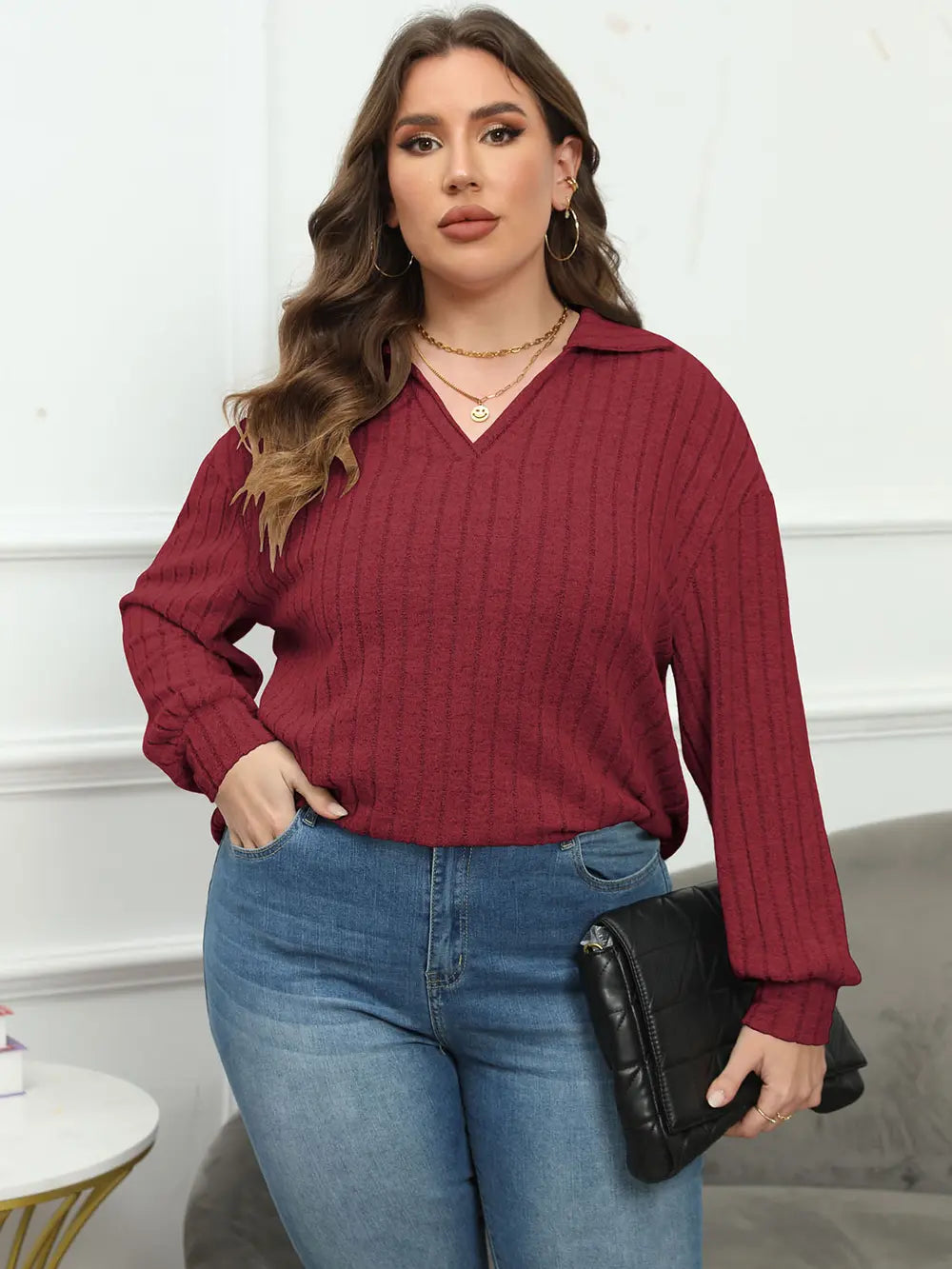 Plus Size Ribbed Collared Neck Long Sleeve Blouse - Blouses