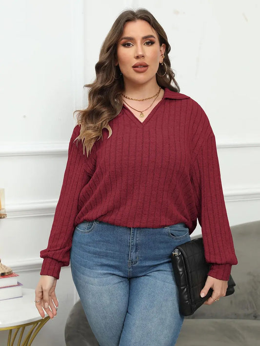 Plus Size Ribbed Collared Neck Long Sleeve Blouse Brick Red - Blouses
