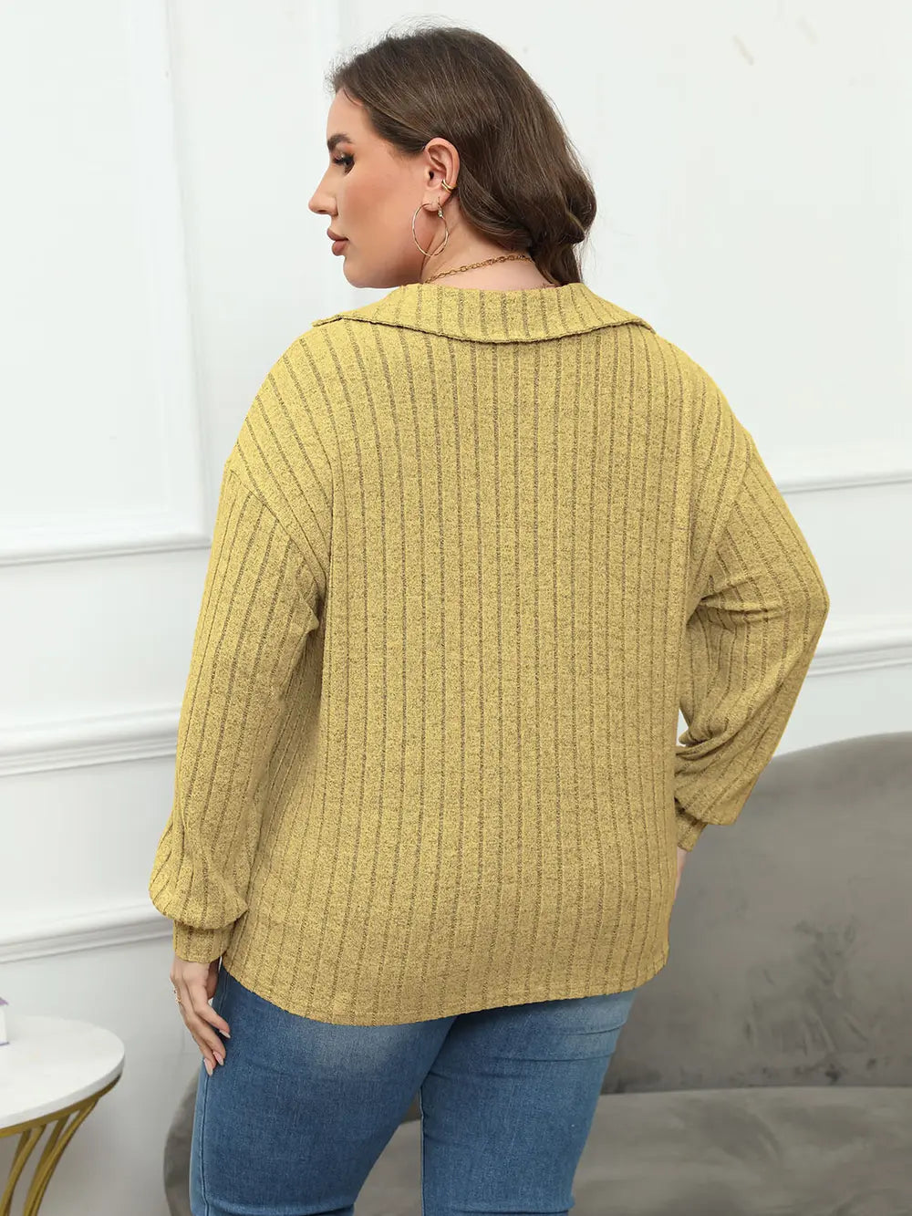 Plus Size Ribbed Collared Neck Long Sleeve Blouse - Blouses