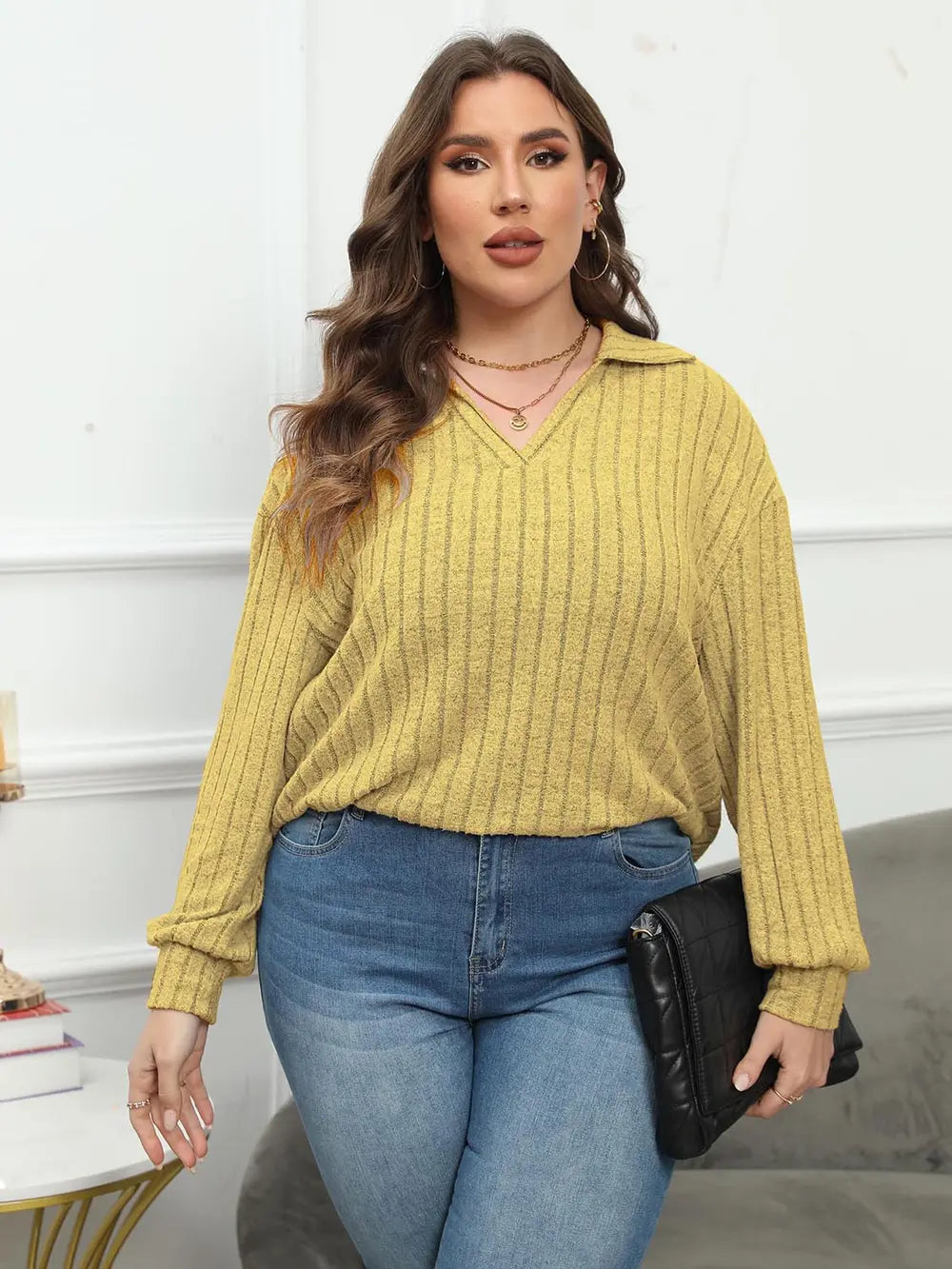 Plus Size Ribbed Collared Neck Long Sleeve Blouse - Blouses