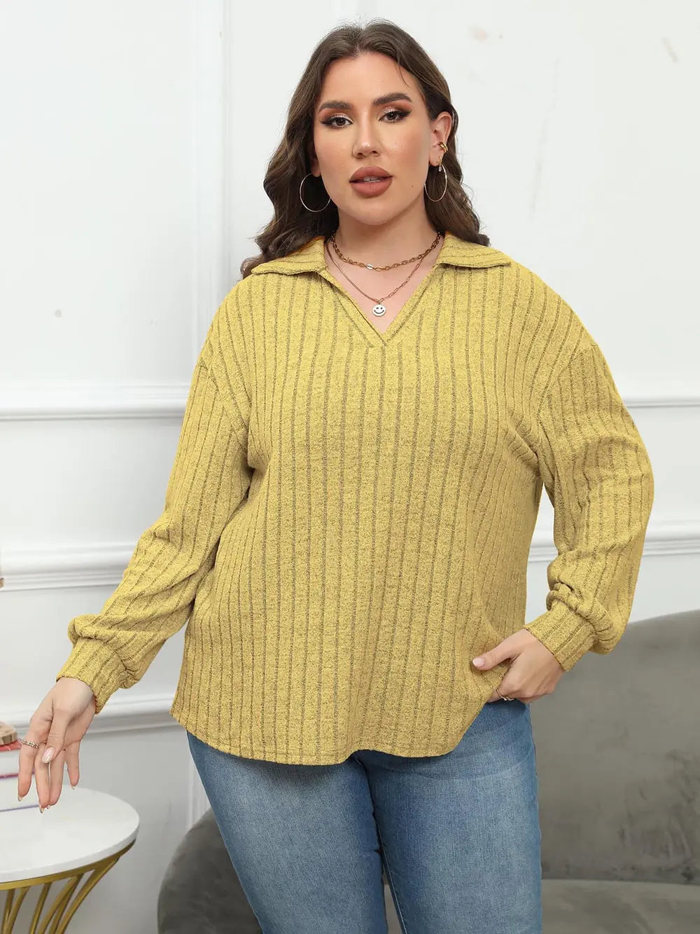 Plus Size Ribbed Collared Neck Long Sleeve Blouse - Blouses