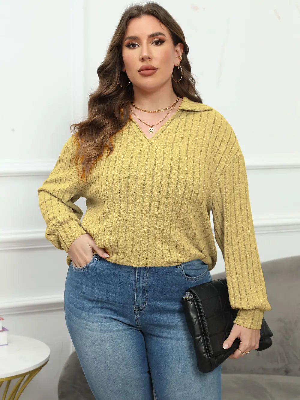 Plus Size Ribbed Collared Neck Long Sleeve Blouse Banana Yellow - Blouses