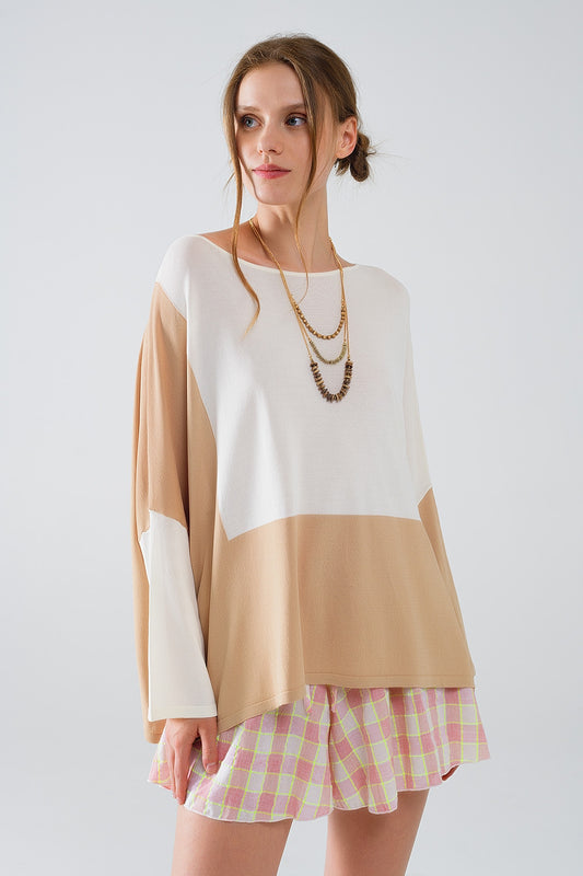 Color Block Bat Wing Sweater In White and Beige - Jumpers