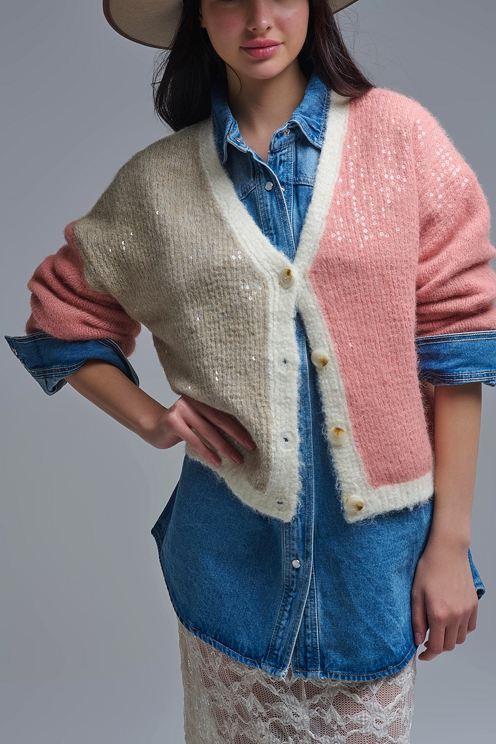 Color-block Sequin V-Neck Cardigan - Sweaters
